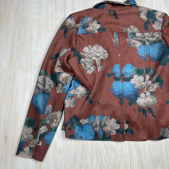 Elie Tahari Faux Leather Brown Hydrangea Floral Print Boho Chic Moto Jacket XL - Picture 10 of 16